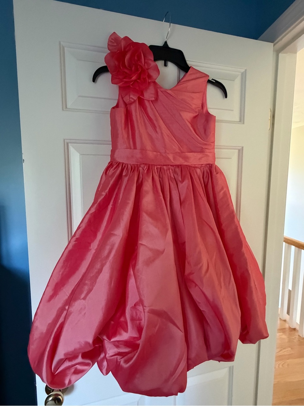 Girls Coral Pink One-Shoulder Flower Dress